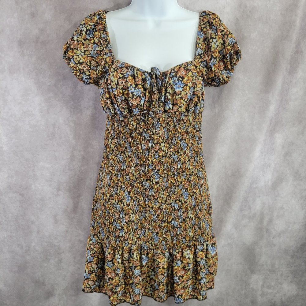 wild fable Brown Floral Mini Dress with Blue Accents